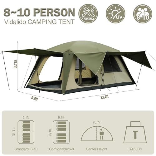 Image of Vidalido 8-10 Person Camping Tent with 3 Door 2 Room Large