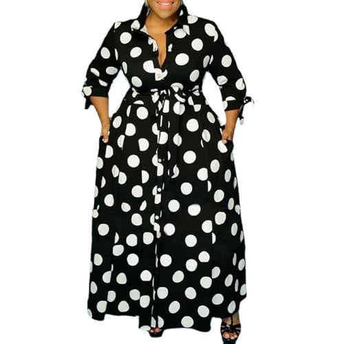 Women's Plus Size Dresses Polka Dot V Neck Button Down Flowy Swing Shirt Maxi Dresses