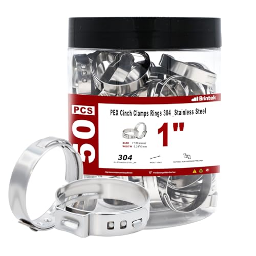 Brintek 50pcs 1 inch PEX Cinch Clamps Rings Heavy Duty 304 Stainless Steel Single Ear Hose Clamps Thickened Pex Crimp Rings for PEX Tubing Pipe Fitting Connections