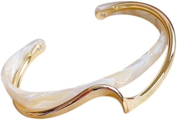 Modern Wave Design Cuff Bracelet, Gold-Tone Acrylic Bangle, 2.5 inch, C-Shaped Opening White/Pink Acrylic Bracelets Board Bend Metal Bangles