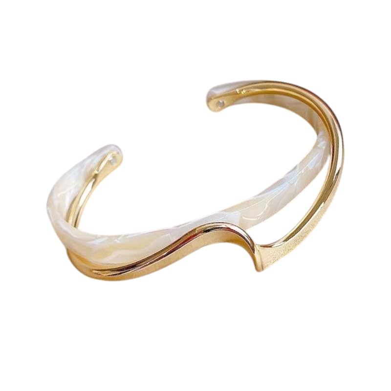 Modern Wave Design Cuff Bracelet, Gold-Tone Acrylic Bangle, 2.5 inch, C-Shaped Opening White/Pink Acrylic Bracelets Board Bend Metal Bangles
