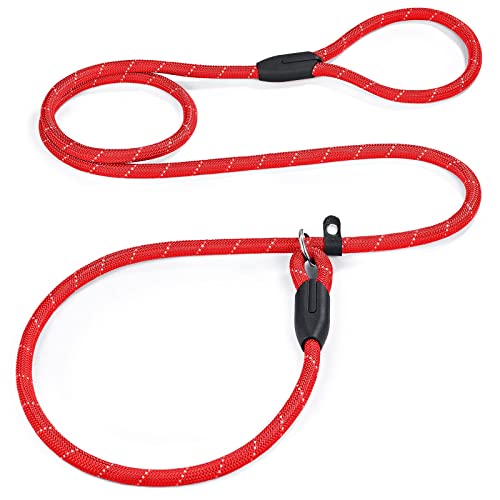 Petescort Slip Lead Dog Leash, Heavy Duty 1/2" 3/8" X 6 Ft Strong Rope Slip Leash For Large, Medium & Small Dogs No Pulling Pet Training Leash Highly Reflective Threads(3/8In X 6 Ft, Red) #TOP2