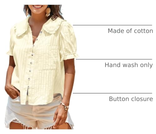 Image of Tankaneo Womens Puff Sleeve Shirts Peter Pan Collar Button Down Cotton Blouse Casual Summer Textured Tops