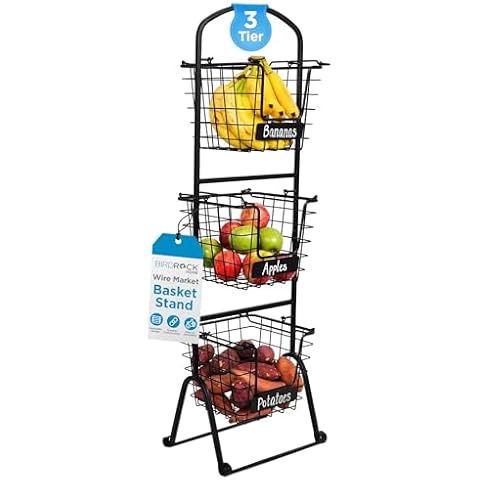 BIRDROCK HOME 3-Tier Wire Market Basket Stand w/ Chalk Label | Metal Storage Bin, Kitchen Counter, Pantry Cabinet, Stacking Organizer Shelves | Fruit, Vegetables, Bread, Onions, Potatoes - Black Cover
