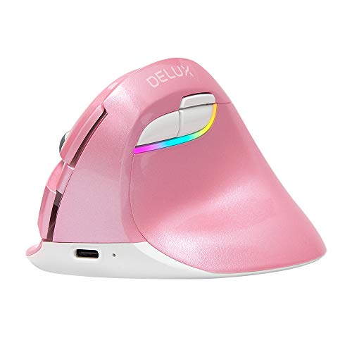 Delux Vertical Mouse with 2.4G USB Dongle and BT 4.0, Ergonomic Silent Wirless Mouse with Built-in Rechargeable Battery, 6 Buttons and 4 Level Sensitivity for Small Hands (M618mini-Pink)