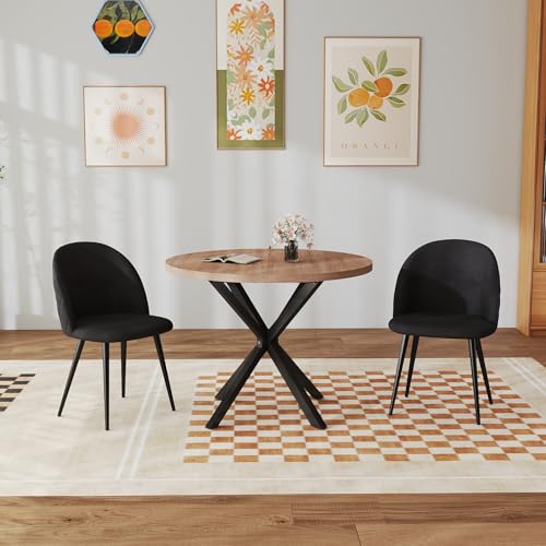 GrandCA HOME Conjunto de Mesa y Sillas de Comedor, Mesa Redonda de 100 cm y 2 Sillas de Terciopelo Nórdico, Ideal para Salón, Comedor y Cocina (Madera Oscura + Negro)