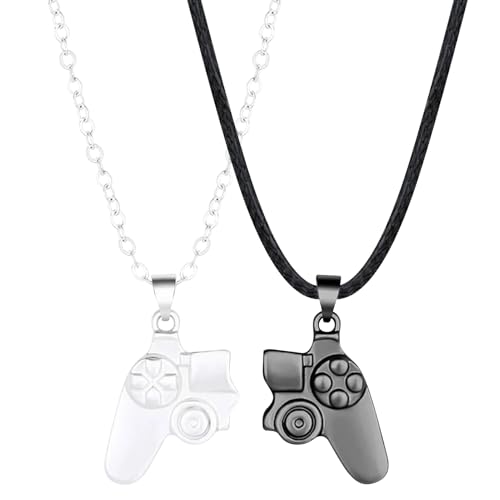 2 Pcs Game Controller Necklaces, Magnetic Alloy Couple Necklaces, Romantic Alloy Gamepad Pendant Necklet Split Magnetic Silver and Black Couples Necklace for Boyfriend Girlfriend Husband Wife