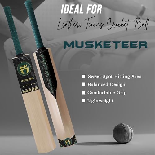 Image of FS Musketeer Kashmir Willow Cricket Bat Grade 2 | Pre Knocked Leather Ball Bat with Thick Edges, Large Sweet Spot for Superb Stroke & Professional for Tournament and Practice Matches (Size 4)