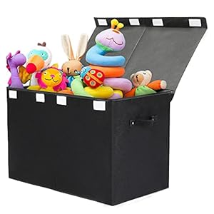 popoly Large Toy Box Chest Storage with Flip-Top Lid, Collapsible Kids Storage Boxes Container Bins for Toys, Playroom Organizers, 25″x13″ x16″ (Linen Black)