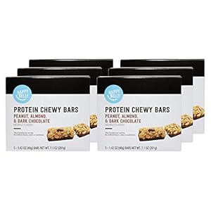Amazon Brand – Happy Belly Protein Chewy Bars, Peanut, Almond and Dark Chocolate, 5 Count (Pack of 6)