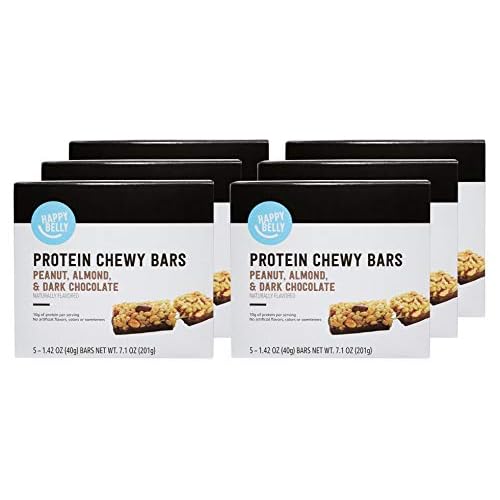 Amazon Brand – Happy Belly Protein Chewy Bars, Peanut, Almond and Dark Chocolate, 5 Count (Pack of 6)