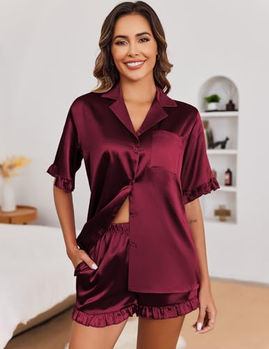 Image of Ekouaer Satin Pajama Set for Women Button Down Silk 2 Piece Pj Sets Ruffle Short Sleeve Sleepwear