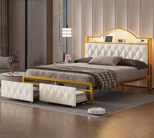 E-Motie Full Storage Upholstered Platform Bed Frame White