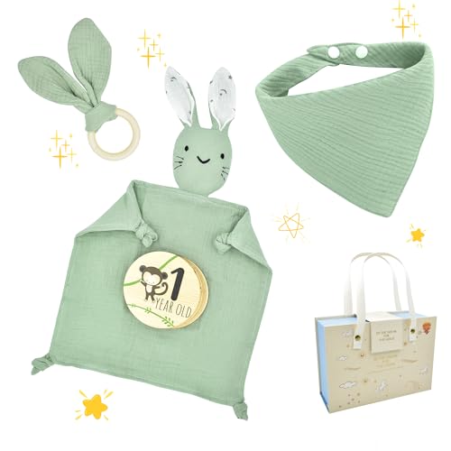 Neugeborenen Geschenk，Geschenk Zur Geburt Junge，Baby Geschenk Mädchen，Geschenkset mit Baumwolle Schmusetuch+Lätzchen +Beißring+7 Stück Baby Holzschild