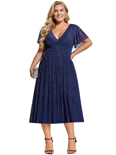 Ever-Pretty Plus Women's V Neck Short Sleeves A Line Glitter Midi Plus Size Formal Wedding Guest Dresses