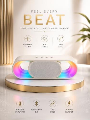 Image of Mini Soundbar Bluetooth Speaker 15W with RGB Lights, Bluetooth 5.3, TWS Stereo Pairing, 6 Hours Playtime Deep Bass, Unique Speaker, Portable Wireless Speaker, (White)