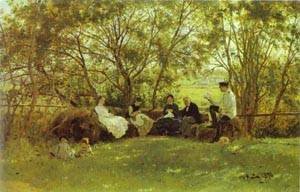 Peinture à l'huile Ilya Repin On A Turf Bench reproduction d'art haut de gamme 36x48 pouces