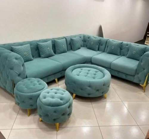 Image of Wooden 7 Seater L-Shape Sofa Set, Solid Wood Soft Cushion Sofa with Comfortable Seating, Traditional Furniture for Living Room, Home, Office