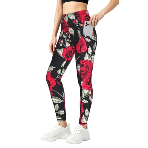 Leggings con estampado de jardín de rosas rojas con bolsillos diseño elástico transpirable