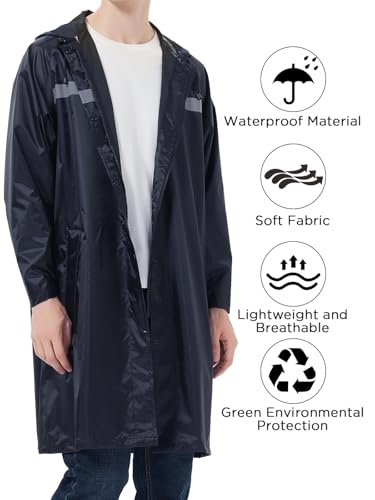 Image of Mens Long Safety Rain Coats with Air Vents Reflective Stripes Waterproof Packable Rain Jacket with Hood Lightweight