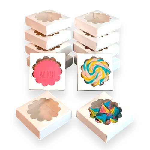 VASSAPACK 40 Pcs Small White Bakery Boxes with Flower-Shaped Clear Window - 3.22