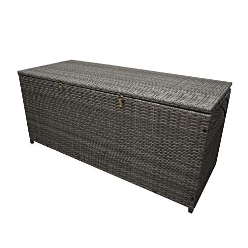 Image of Oakland Living Grey Indoor and Outdoor Balcony Patio Deck Porch Pool 113 Gallon Wicker Storage Box Trunk Bin with Metal Frame