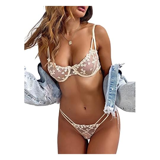 
                            Lilosy Sexy Underwire Push Up Strappy Embroidered Mesh Sheer Lingerie Set for Women Bra and Panty 2 Piece
                        
