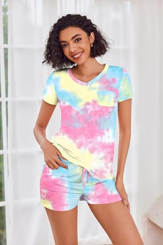 Image of Ekouaer Womens Pajama Sets Short Sleeve Pajamas for Women Sets Soft Lounge Sets Casual V Neck Sleepwear PJS