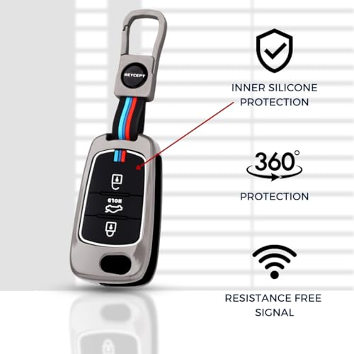 Image of Keycept Metal Alloy Key Cover Compatible with Hyun-dai i10, i20 Old 3 Button Flip Key with Keychain (Short Keychain).