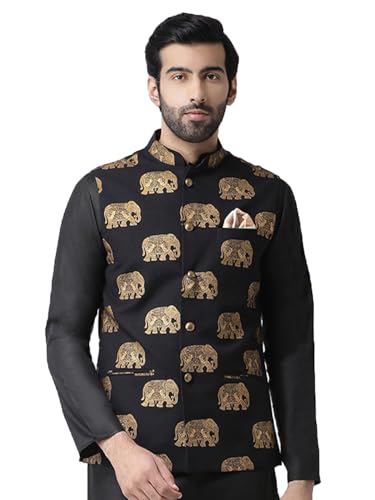 Image of KISAH Men's Black Printed Cotton Nehru Jacket- Traditional Indian Waistcoat for Weddings & Festive Occasions
