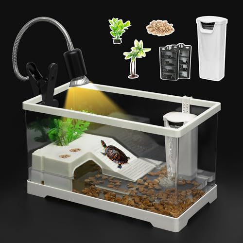 Clioran PC Turtle Tank Kit,Large Starter Aquarium,Red Eared Slider Aquatic,for Baby Tortoise,Fishes and Amphibians,Include Filter*1,Filter Plates*2,Plants*2,Lamp*1,Bulb*1,Stone*1,Basking Platform*1