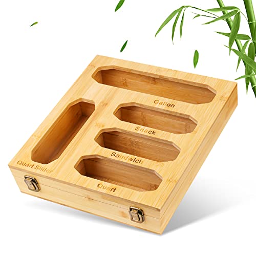 PurpleWares Food Storage Bag Holders Premium Moso Bamboo Kitchen Drawer Ziplock Bag Storage