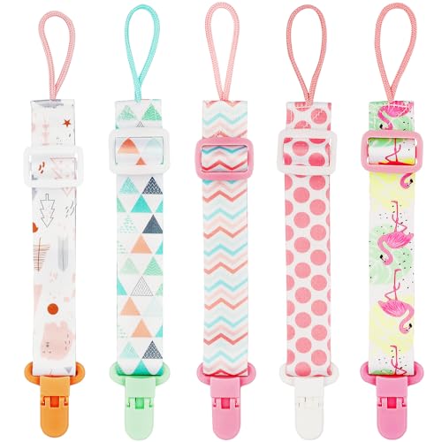 Cadena Chupete Bebe，FenFang 5 Pcs Chupetes de Clip, Ajustable Cadenas para Chupetes, Portachupete Bebe Chupetero Tela Clips Niños Niñas, Correa Chupete para Unisex Chicos y Chicas (Rosa)