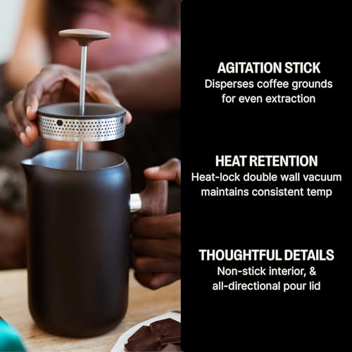 Fellow Clara French Press Coffee Maker - Portable Stainless Steel Coffee Press, Insulated Manual Brewer, Matte Black with Walnut, 24 oz Carafe - Image 4