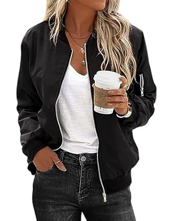 Zeagoo Bomberjacke Damen Kurze Blouson Jacke Casual Pilotenjacke Langarm Outwear Zip Up Solid Leichte Coat Sweatjacke