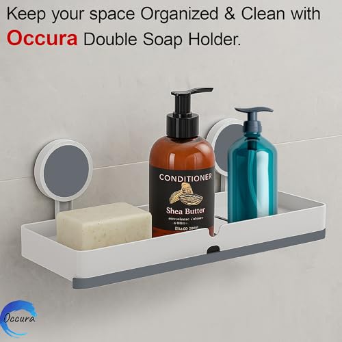 Image of Soap Holder Pack of 2 | Large Adhesive Dish 4 Soaps | Drill free wall mounted bathroom organizer. Stickable washbasin plastic stand set for shared family washrooms. Wall safe.