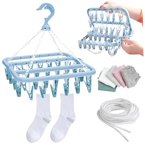 Perwteriy Clothes Drying Hanger Foldable Clothes Drying Rack with 32 Clips Windproof Laundry Hanger Dryer Rack Multifunctional Hangers for Sock, Underwear, Baby