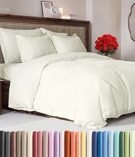 Image of Duvet Cover Queen Size Set - Extra Soft Queen Duvet Cover 90 inch x 90 inch with 2 Pillow Shams for Women, Men, Kids & Teens - Hotel Luxury, Easy-Care w / Zipper Closures & Ties - Comfy and Breathable (Ivory)