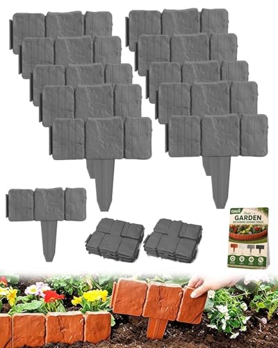Imitation Stone Garden Fence Stone-Look Lawn Edging Border for Flower Beds Plastic Garden Retaining Edging Fence Flexible Interlocking Landscape Edging No Dig Decorative Lawn Border