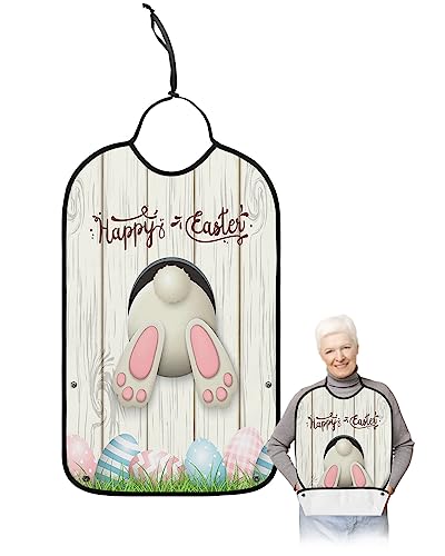 Spring Easter Adult Bibs for Eating, Waterproof Bibs with Food Catcher & Adjustable Snap Closure, Colorful Eggs Grass Bunny Beige Wood Washable Clothing Protectors Adult Bibs for Elderly Women/Men