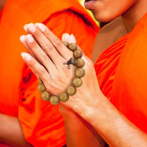 2 Pcs Tibetan Buddhist Green Sandalwood Beads Bracelets 15mm Scented Sandalwood Link Wrist Adjustable Wooden Crafts Prayer Beads for Men Women Meditation Protection4