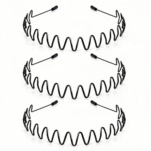 KELUBATU Metal Headband for Men Adjustable Wavy Zigzag Hair Bands Non-Slip Elastic Metal Hair Band for Sports Workout Running & Yoga Daily Hair Management (3 Pack)