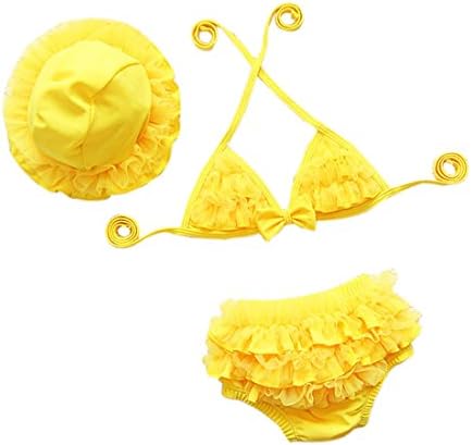 Bebone Baby Girls Lace Bowknot Strap Bikini with Hat (Yellow, 1-2T)