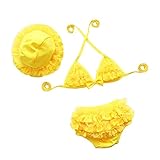 Bebone Baby Girls Lace Bowknot Strap Bikini with Hat (Yellow, 1-2T)