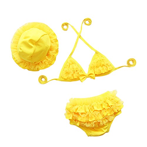 Bebone Baby Girls Lace Bowknot Strap Bikini With Hat (Yellow, 1-2T) #TOP2