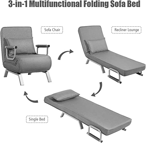 Brogaa Family Office Leisure Lounge Chair, Folding Armchair With Pillow, Convertible Sofa Bed, 5-Seat Adjustable Backrest, Cushion Seat (Grey) #TOP5