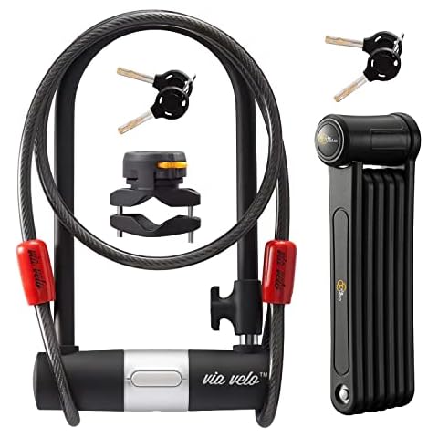 Via Velo 2 Electric Bike Lock Set Same Key System Keyed Alike, New 2022, Heavy-Duty Hard Steel | 33.5" Folding Lock | 11" Bicycle ULock | 6' Cable | for Electric Bike Fat Tire Scooter Folding Bike Cover