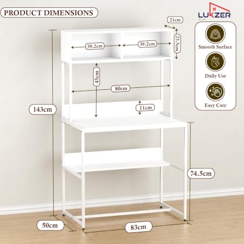 Image of Lukzer Study Table with Open Bookshelf | MST-010 /White & White | Engineered Wood with Metal Frame Desk | Modern & Space Saving Computer Workstation with Hutch for Home Office (143x83x50 cm)