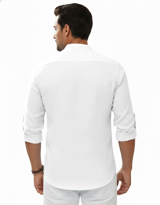 Image of Macsivo Men's Cotton Blend Solid Short Kurta with Regular Lenth Mandarin Neck Full Sleeves and roll-up tab| Kurta Style Shirt for Men