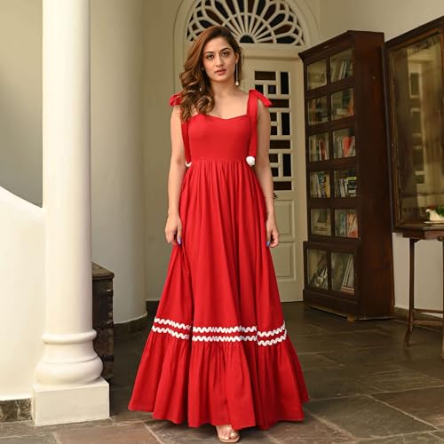 Image of Women's Elegant Long Maxi Gown with Shoulder Ribbon Tie-Up, Stylish & Trendy - Fit and Flare Sleeveless Square Neckline Western Dress, Casual Dress for Women